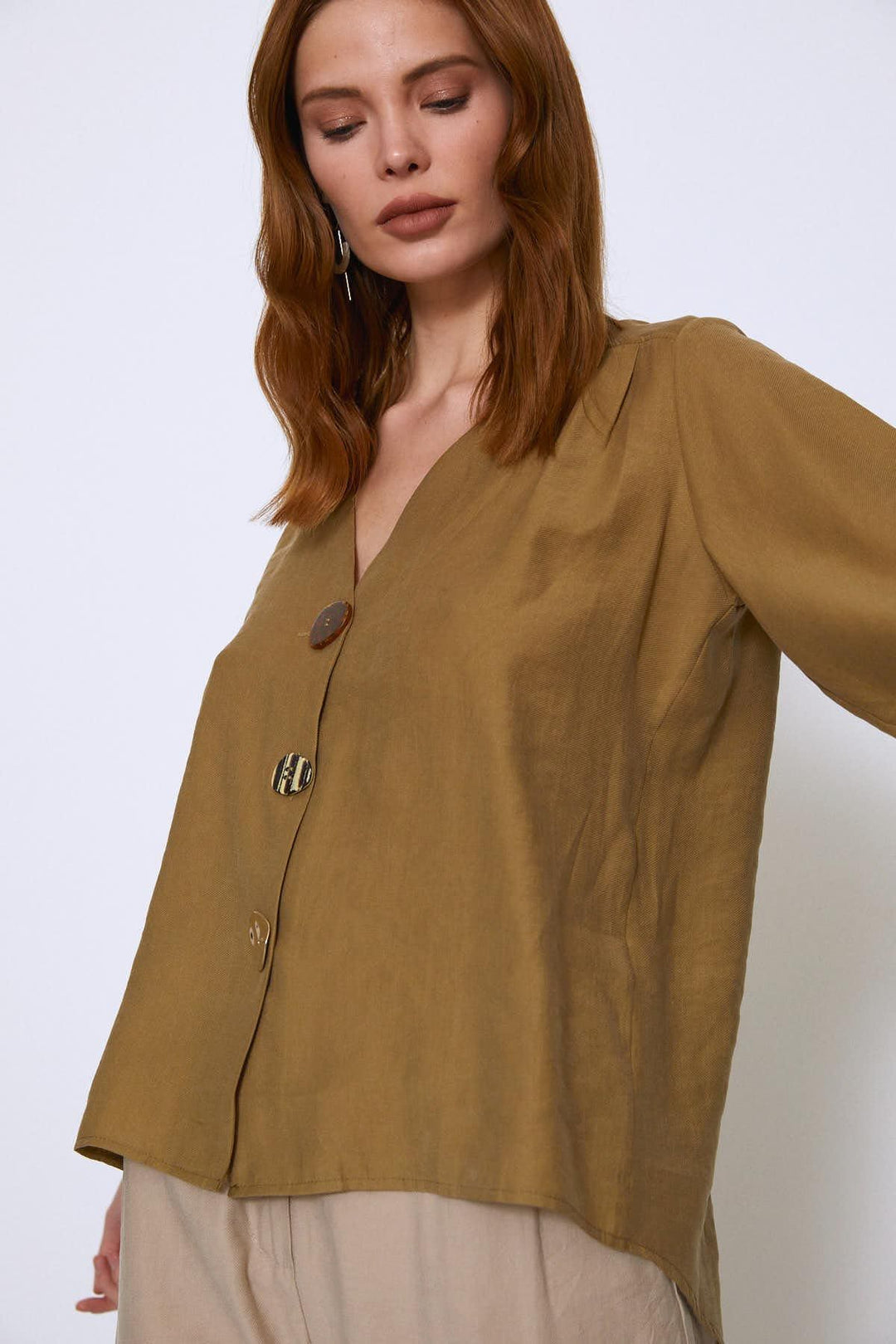 Buttoned V-Neck Shirt Khaki