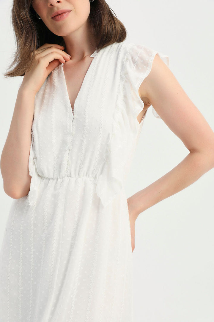 V-Neck Ruffle Lace Dress Ecru