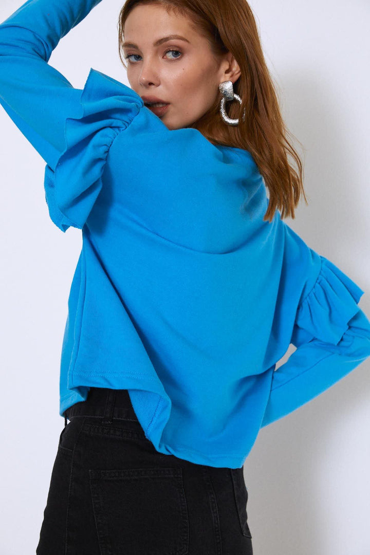 Crew Neck Sleeves Frilly Sweatshirt Turquoise