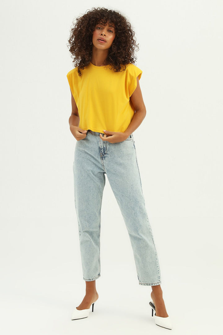 Vatkalı Basic Crop Tişört Hardal