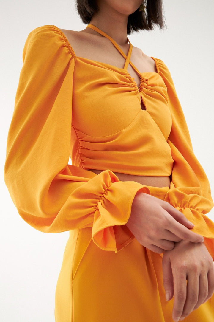 Tie Detailed Balloon Sleeve Blouse Orange