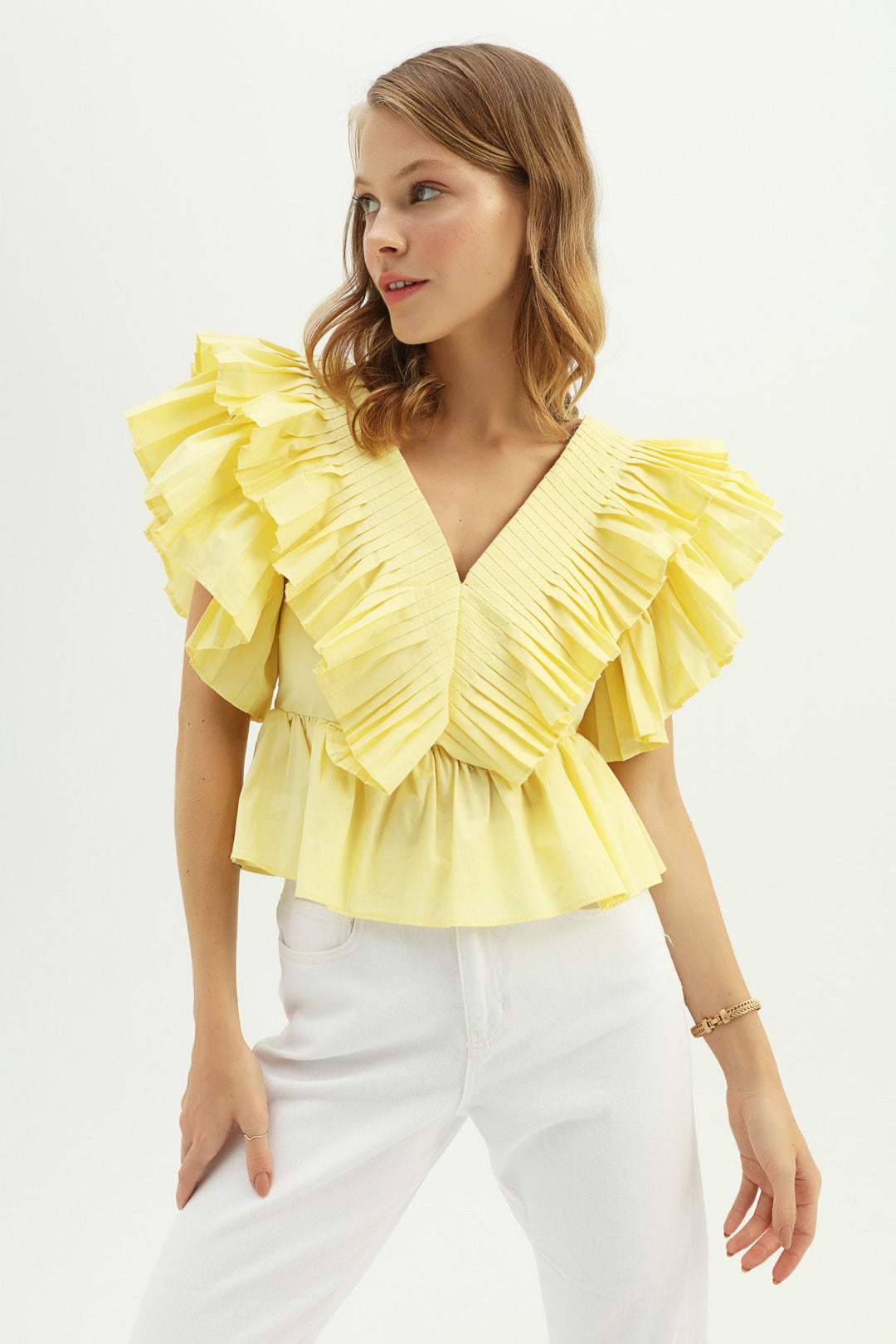 V Yaka Fırfırlı Bluz Sarı