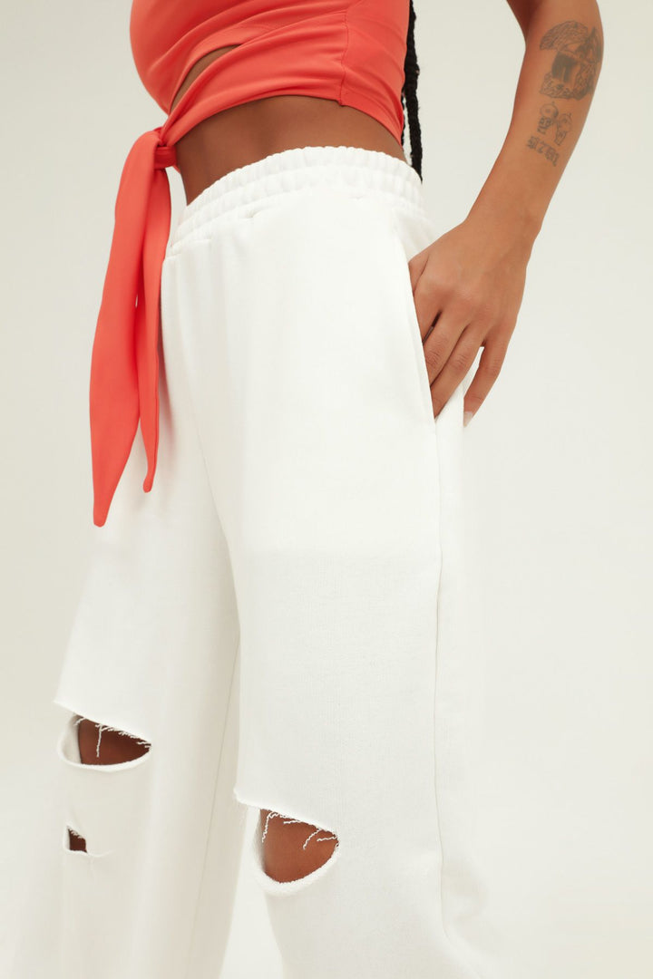 Ripped Detailed Tracksuit With Elastic Waist White