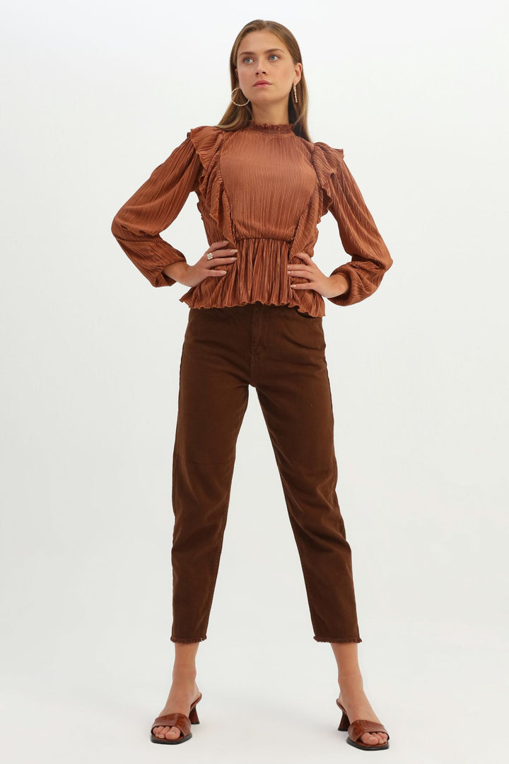 Fırfırlı Uzun Kol Bluz Taba