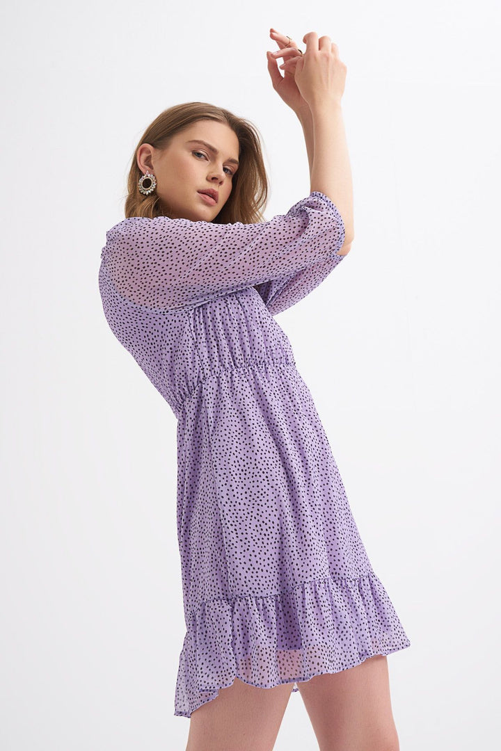 Desenli V Yaka Düğme Detaylı Elbise Lila