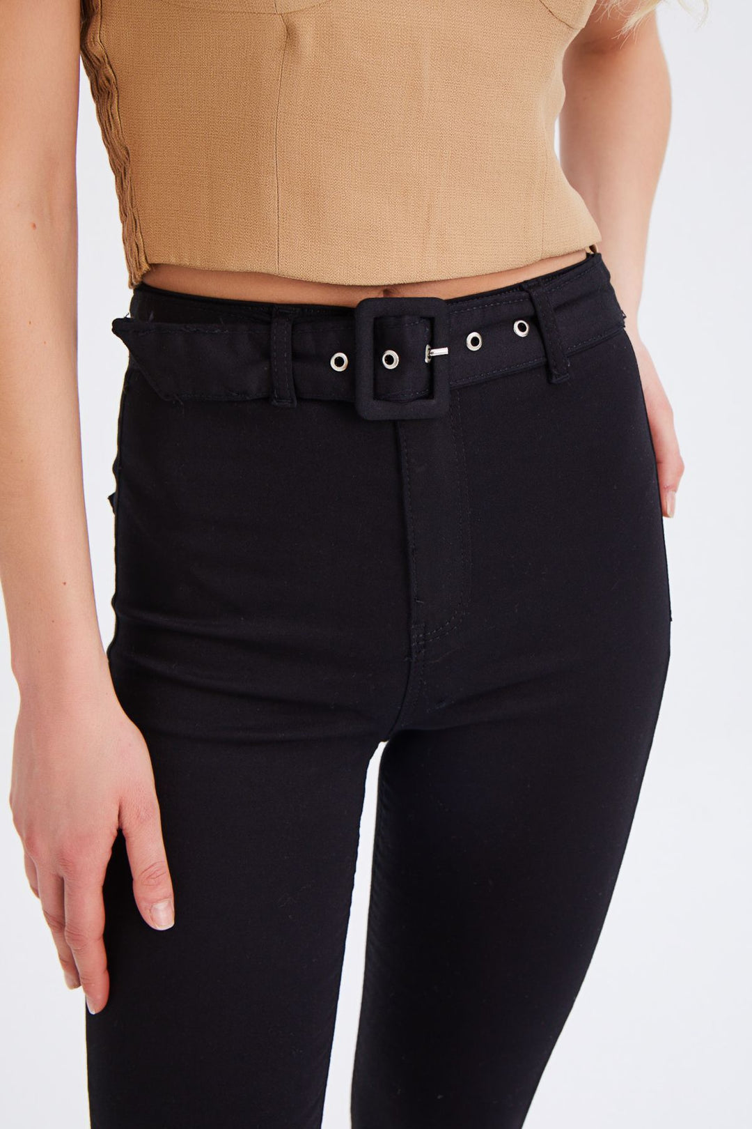 Yüksek Bel Kemerli Skinny Pantolon Siyah