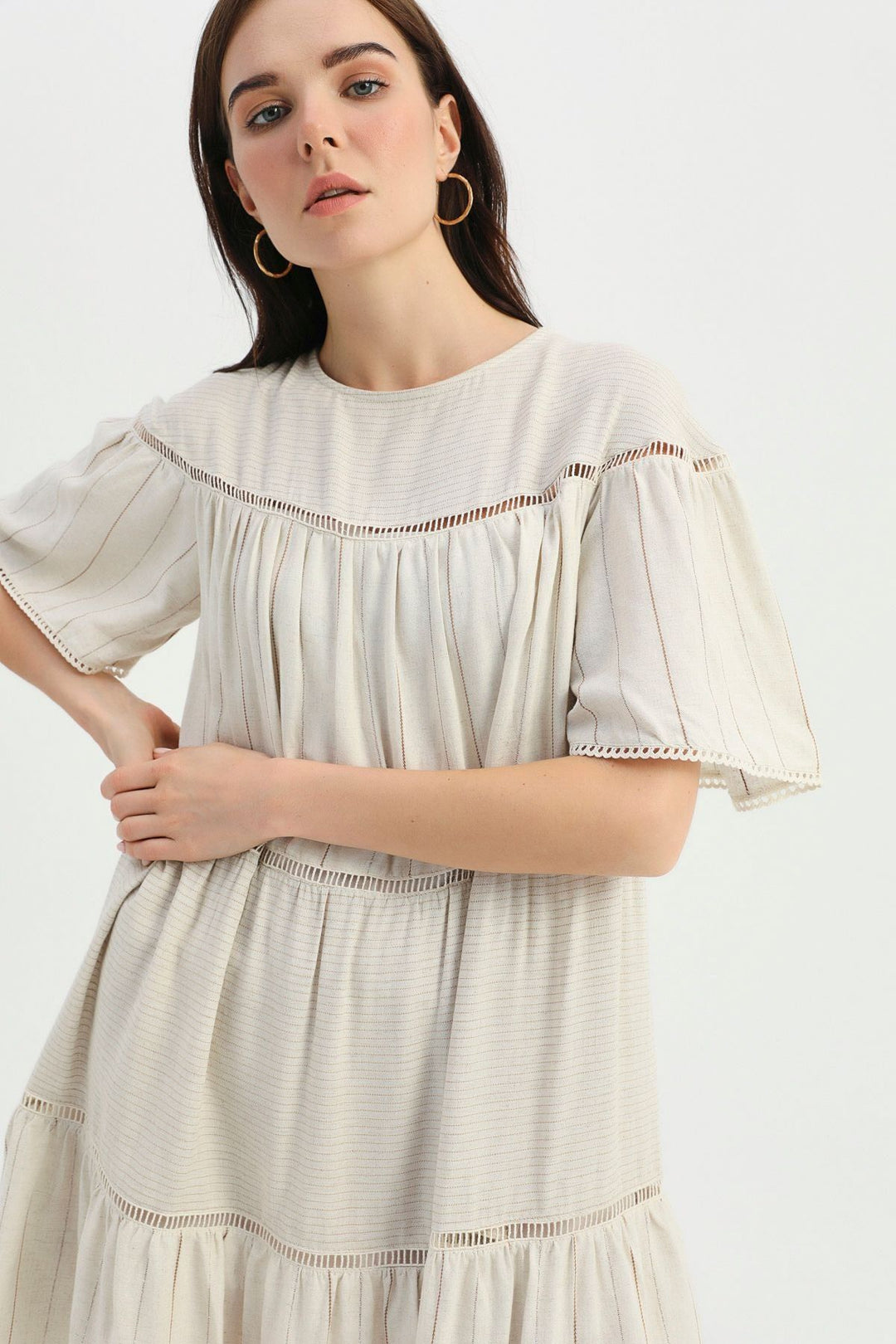 Stripe Detailed Striped Linen Dress Brown