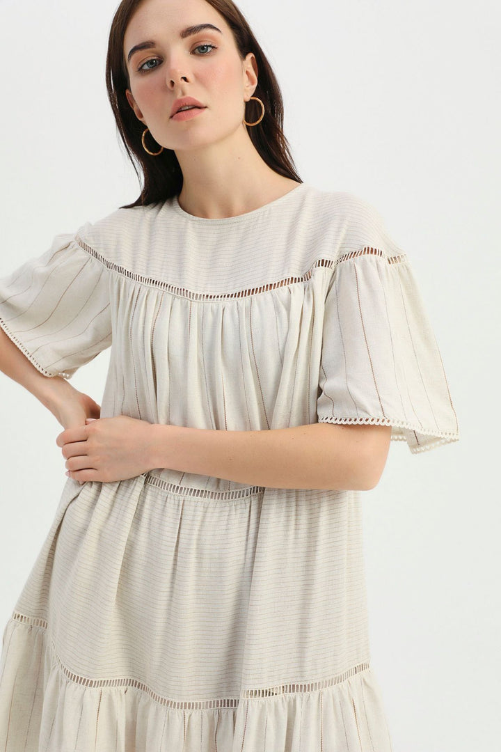 Stripe Detailed Striped Linen Dress Brown