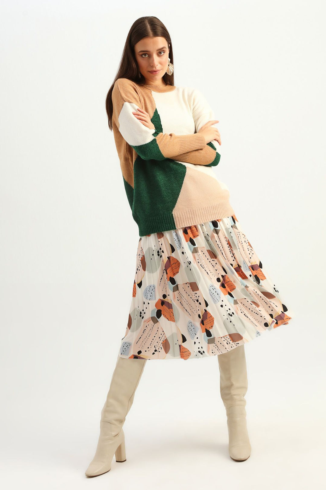 Patterned Crew Neck Sweater Brown