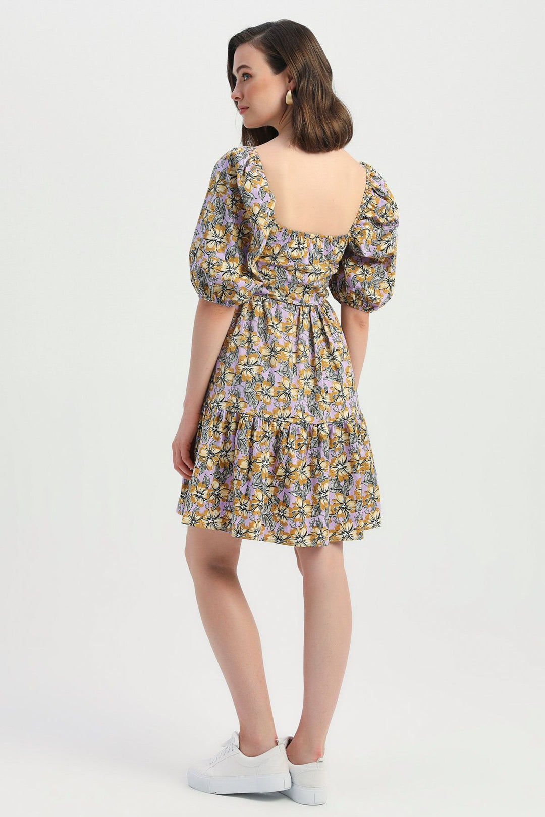 Flower Patterned Balloon Sleeve Dress Lilac