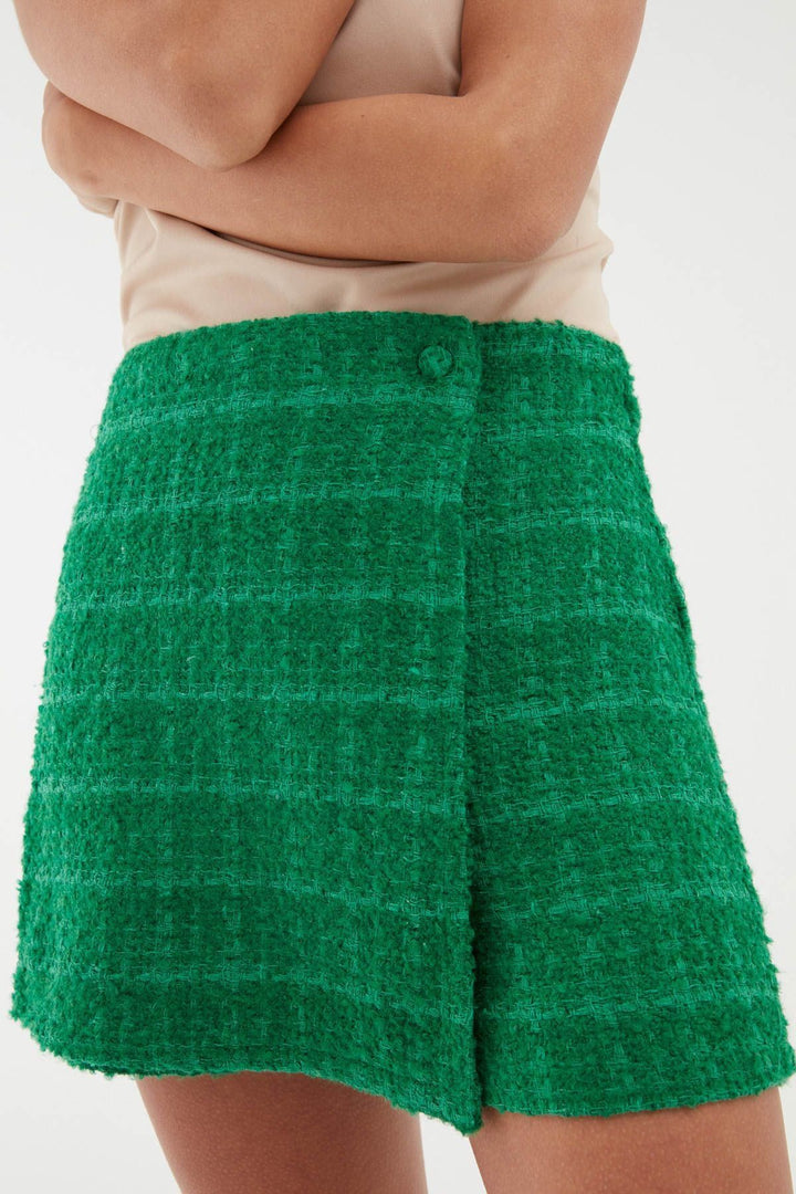 Tweed Patterned Mini Short Skirt Green