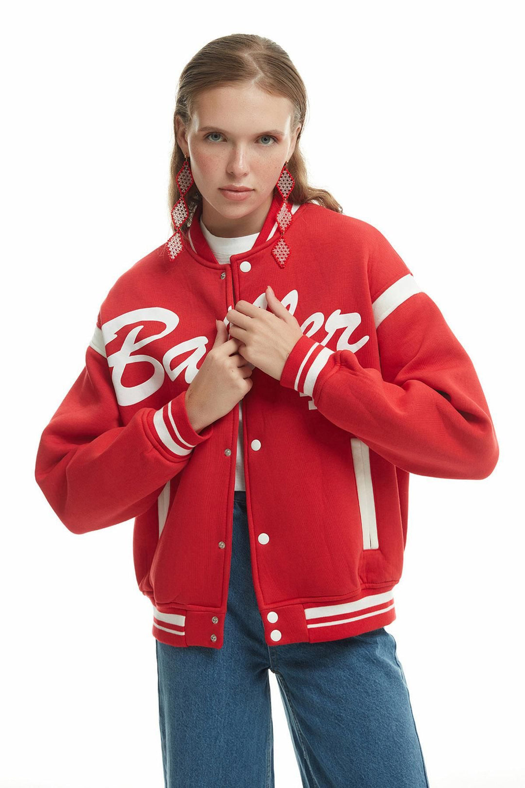 Print Detailed Bomber Jacket Red