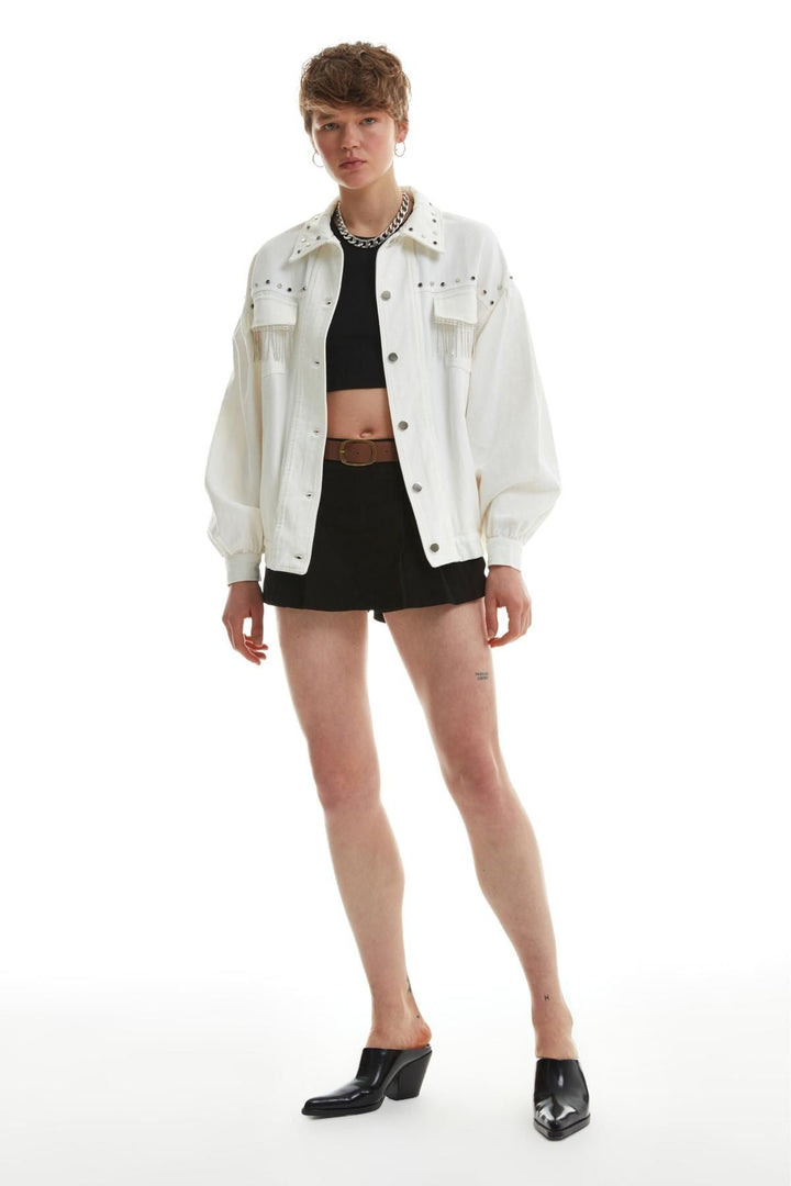 Back Stone Detailed Denim Jacket Ecru