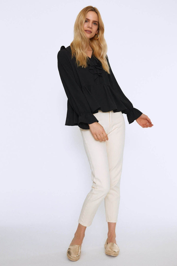 Önü Fırfırlı V Yaka Bluz Siyah