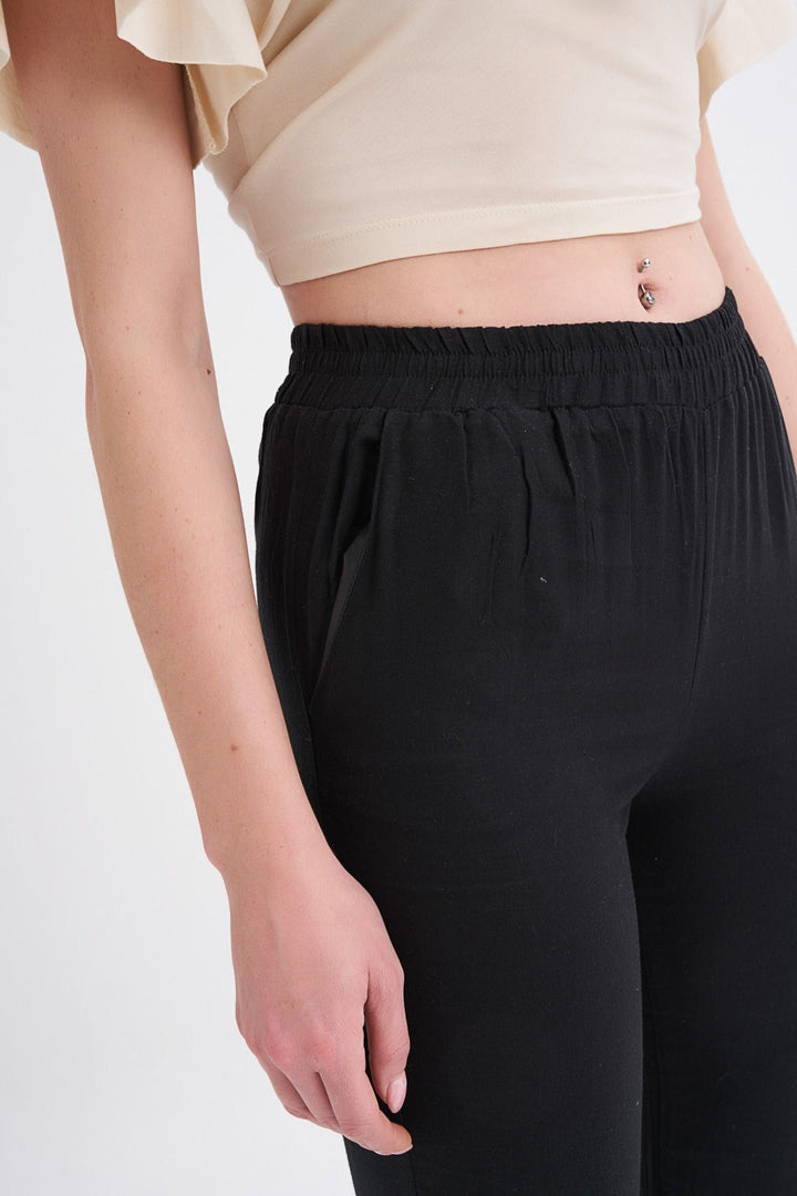 Beli Lastikli Keten Pantolon Siyah