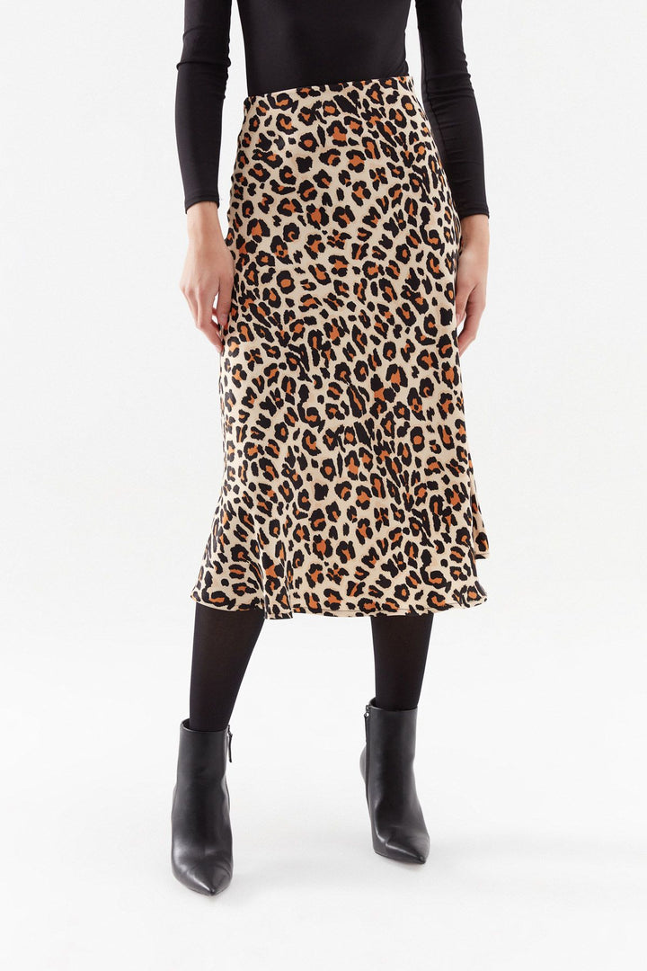 Leopard Satin Midi Skirt Beige