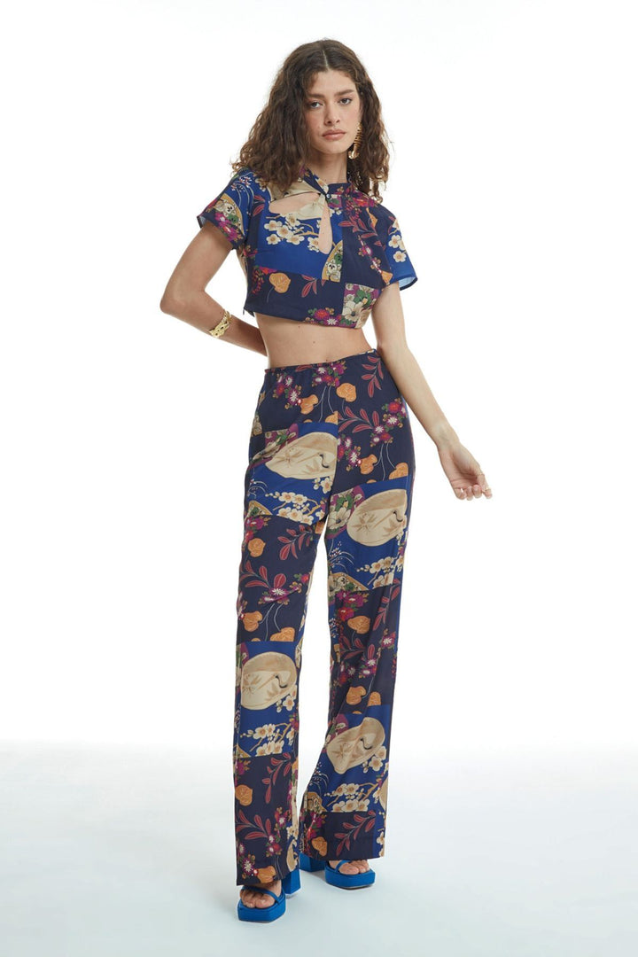 Side Zipper Patterned Trousers Navy