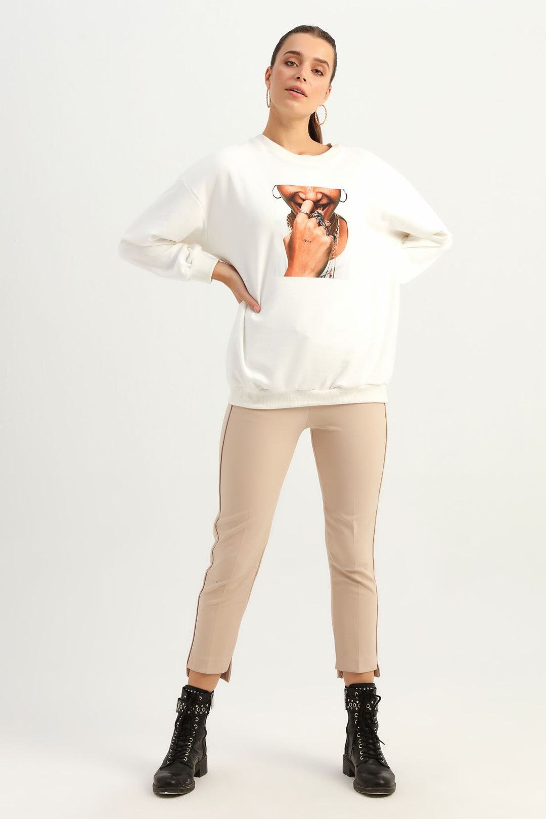 Printed Long Sweatshirt Ecru