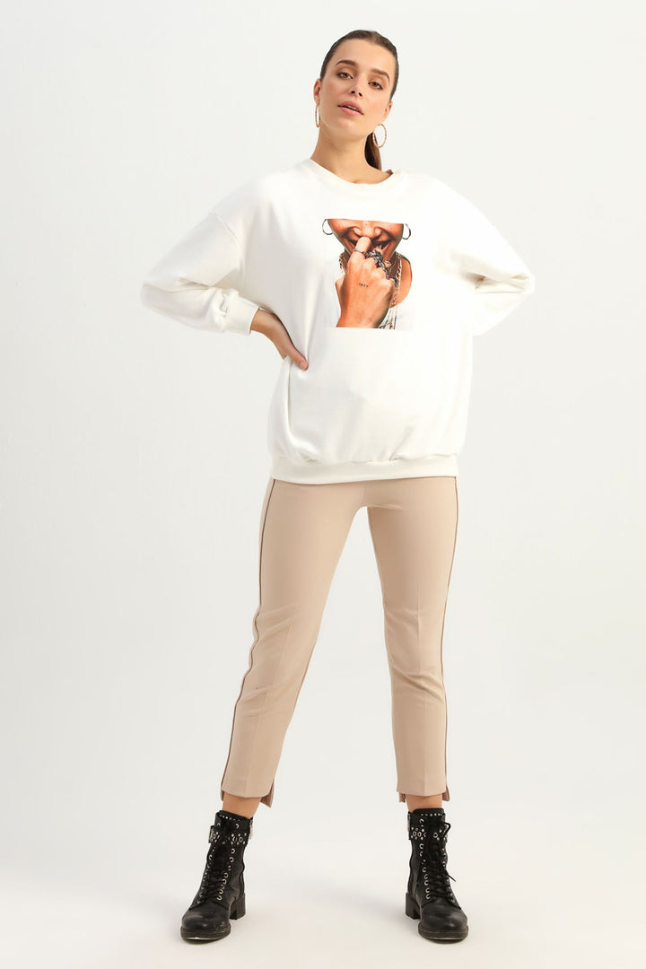 Printed Long Sweatshirt Ecru