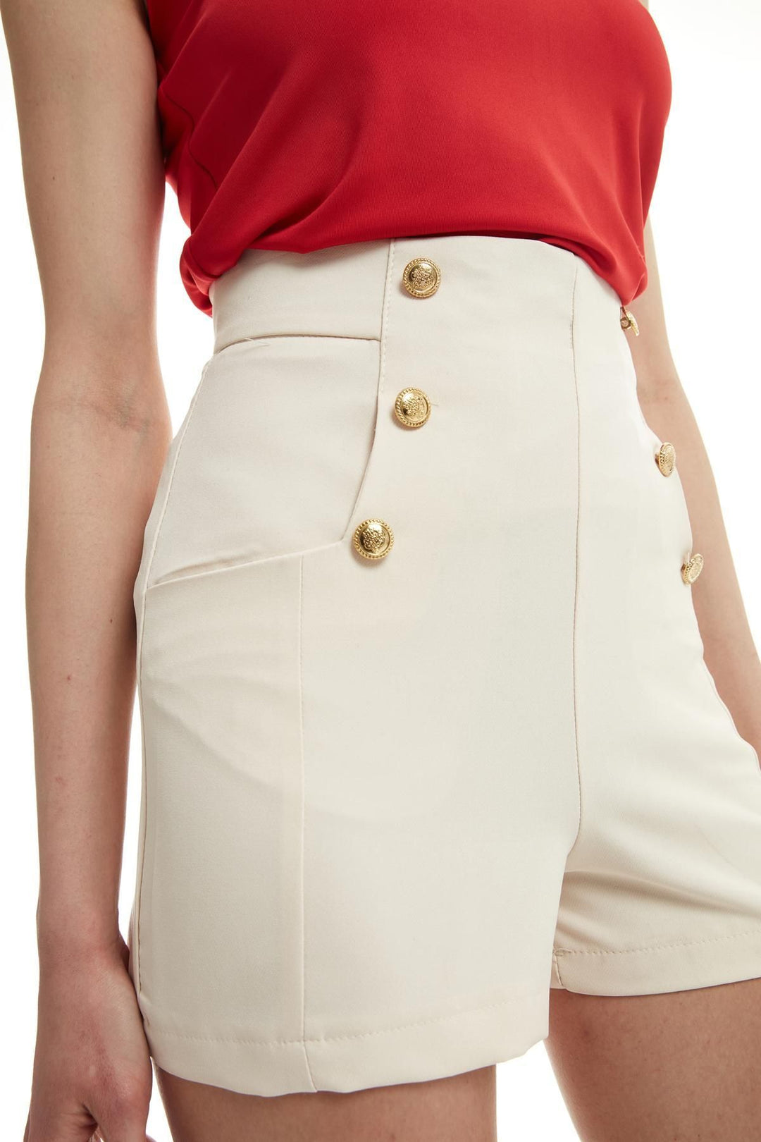 Düğme Detaylı Yüksek Bel Şort Kemik