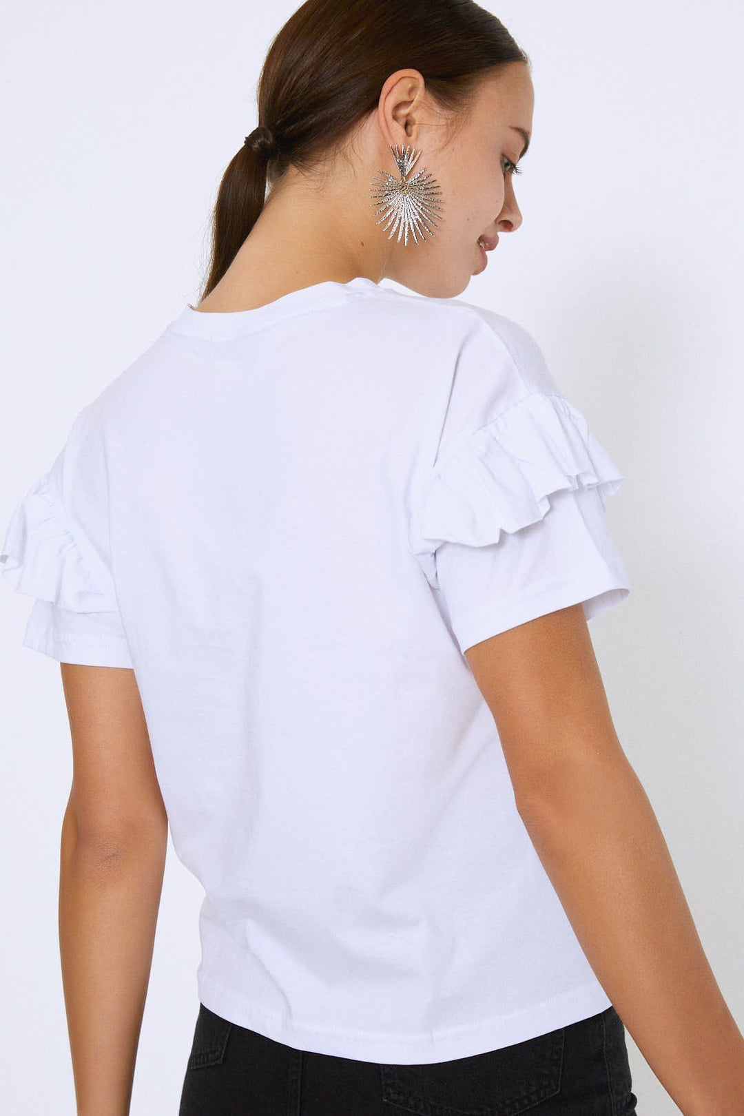 Ruffled Sleeves Printed T-Shirt White