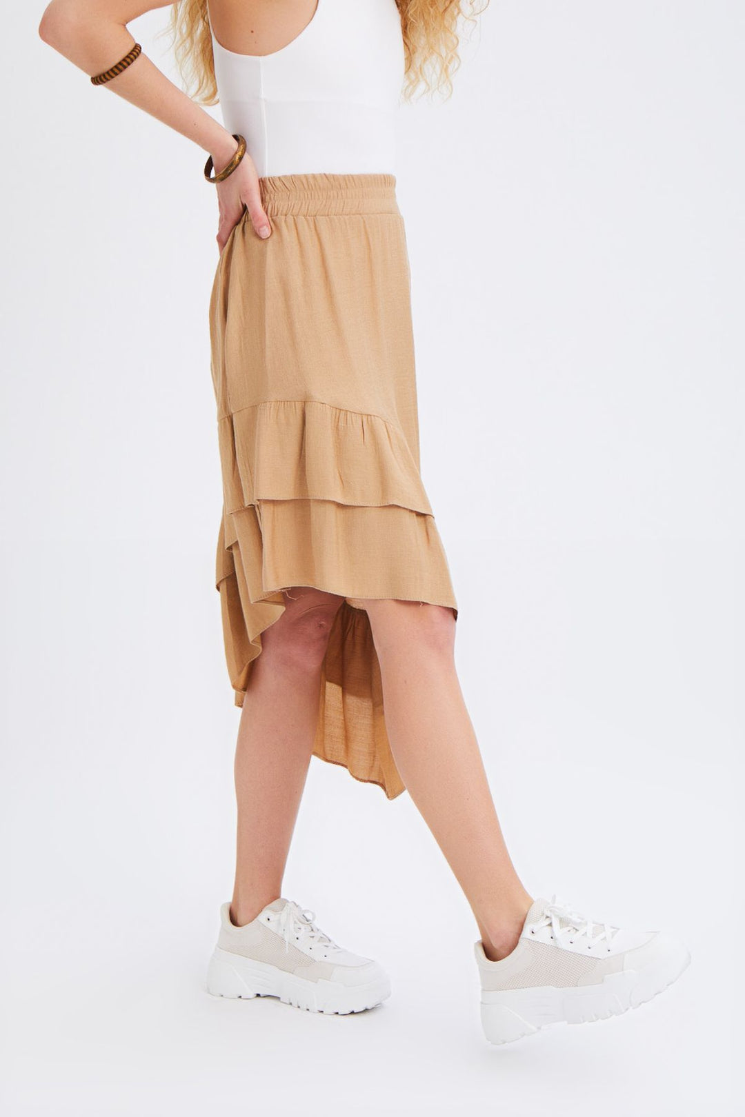 Asymmetric Frilly Skirt Camel