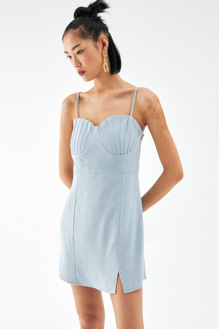 Askılı Keten Mini Elbise Mavi