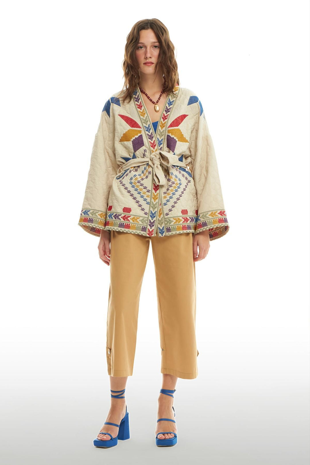 Desenli Kimono Ceket Taş