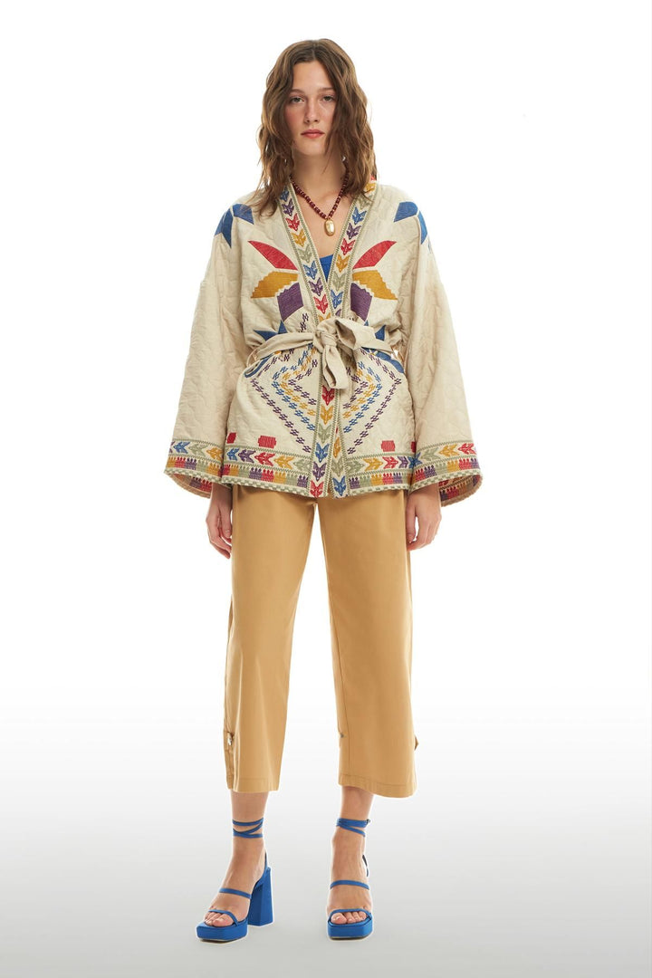 Desenli Kimono Ceket Taş