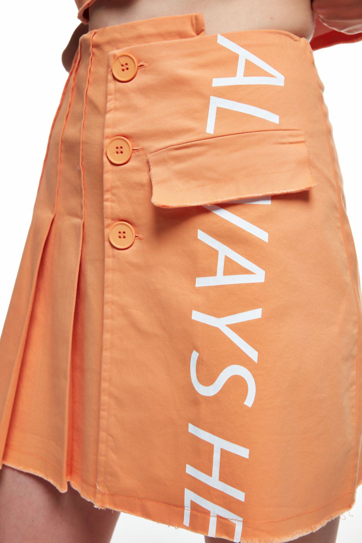 Pleat Detailed Letter Printed Mini Skirt Orange