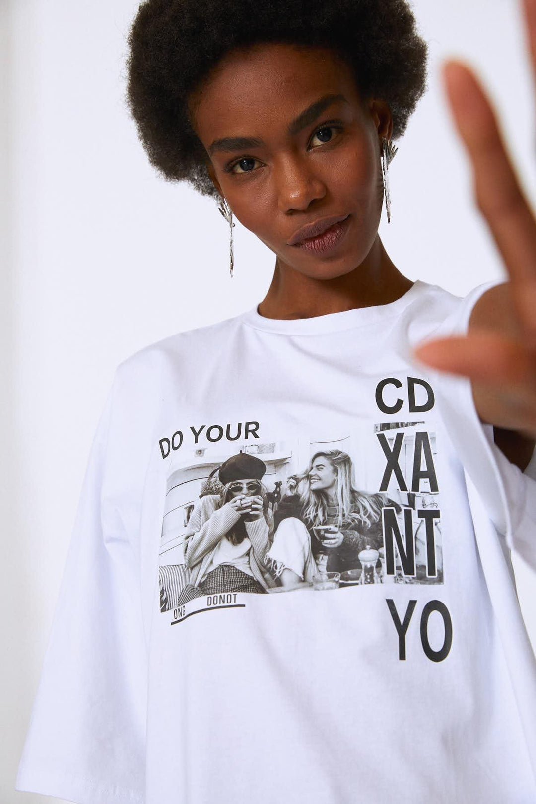 Baskılı Oversize Tişört Beyaz