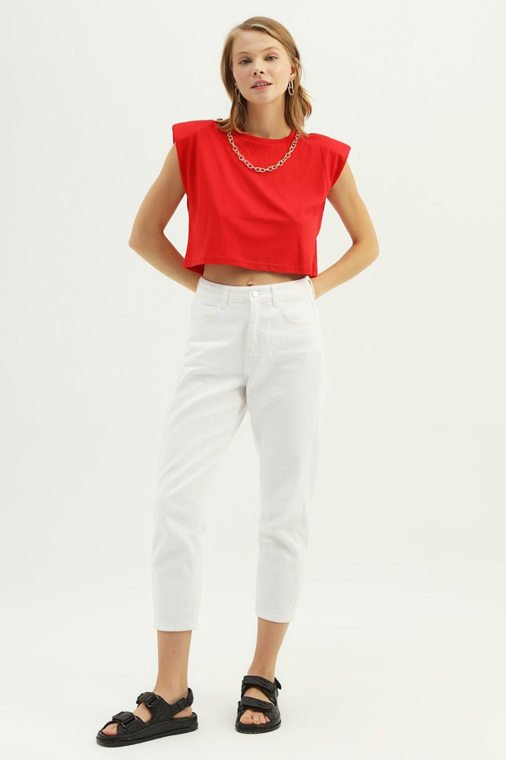 Vatkalı Aksesuarlı Crop Tişört Kırmızı