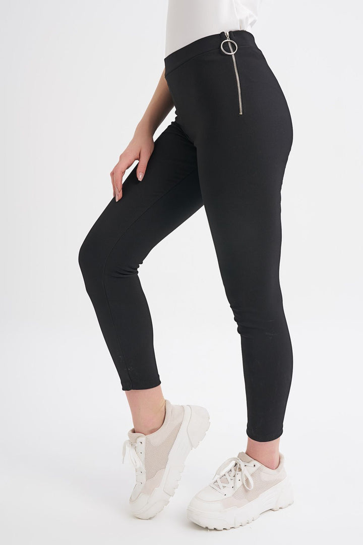 Side Zipper Basic Leggings Black