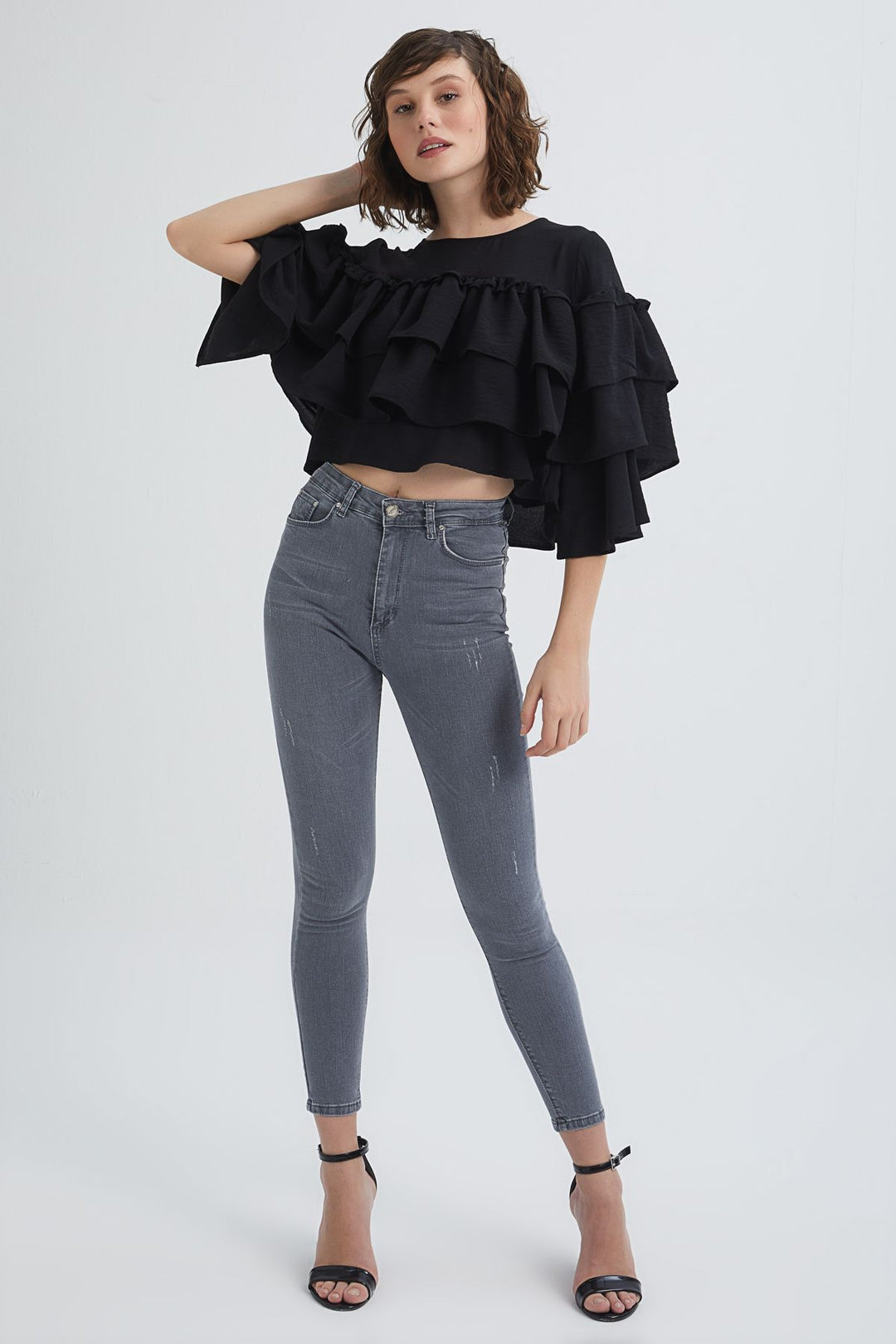 Ruffle Crop Blouse Black – QUZU