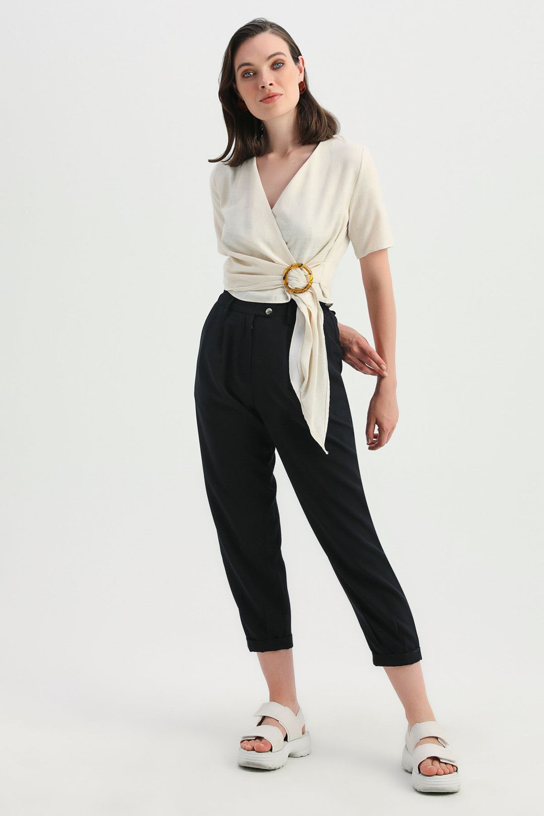 Buckle Detailed Double Breasted Blouse Ecru