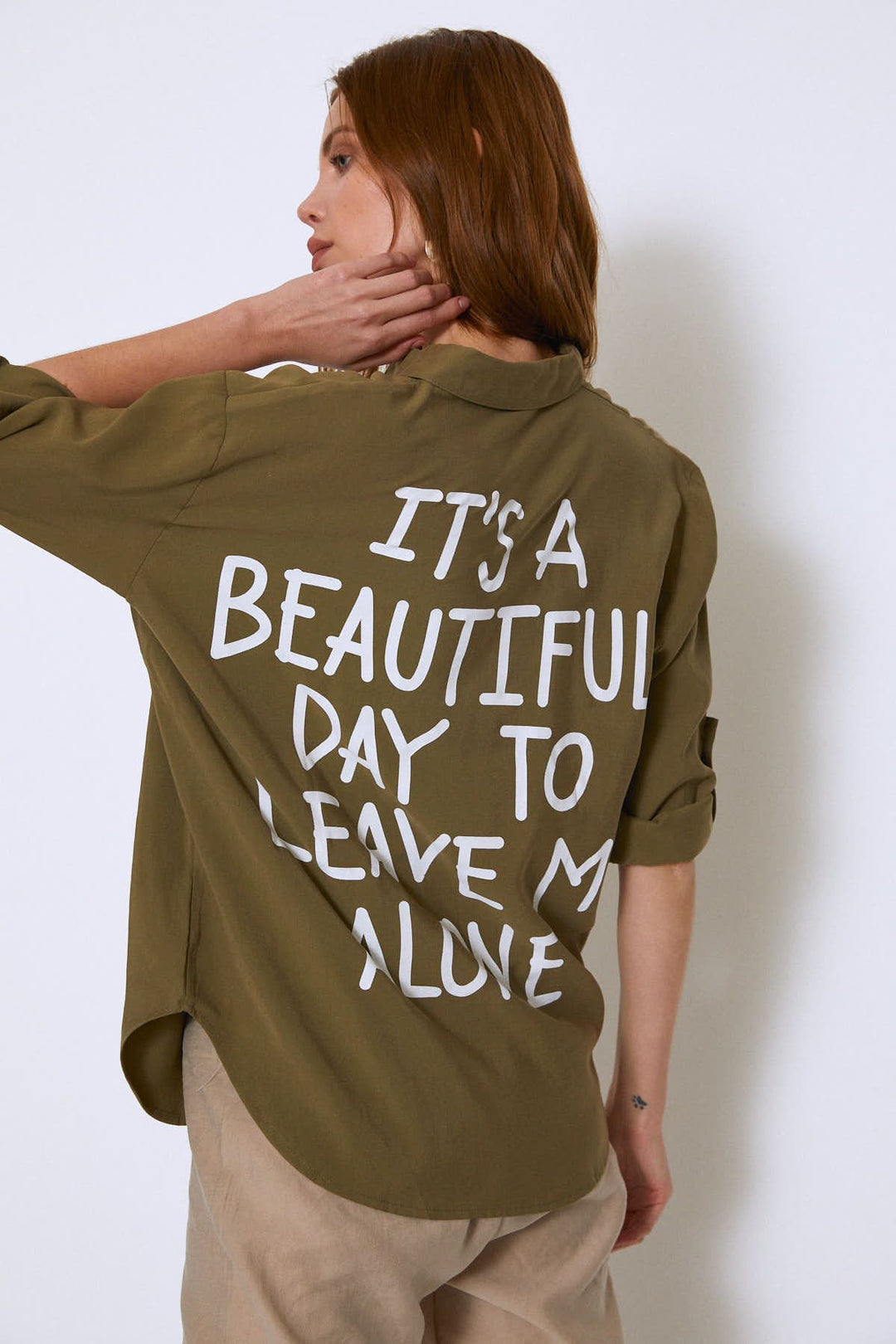 Back Printed Tencel Shirt Khaki