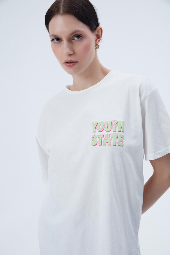 Text Printed Oversize T-Shirt Ecru