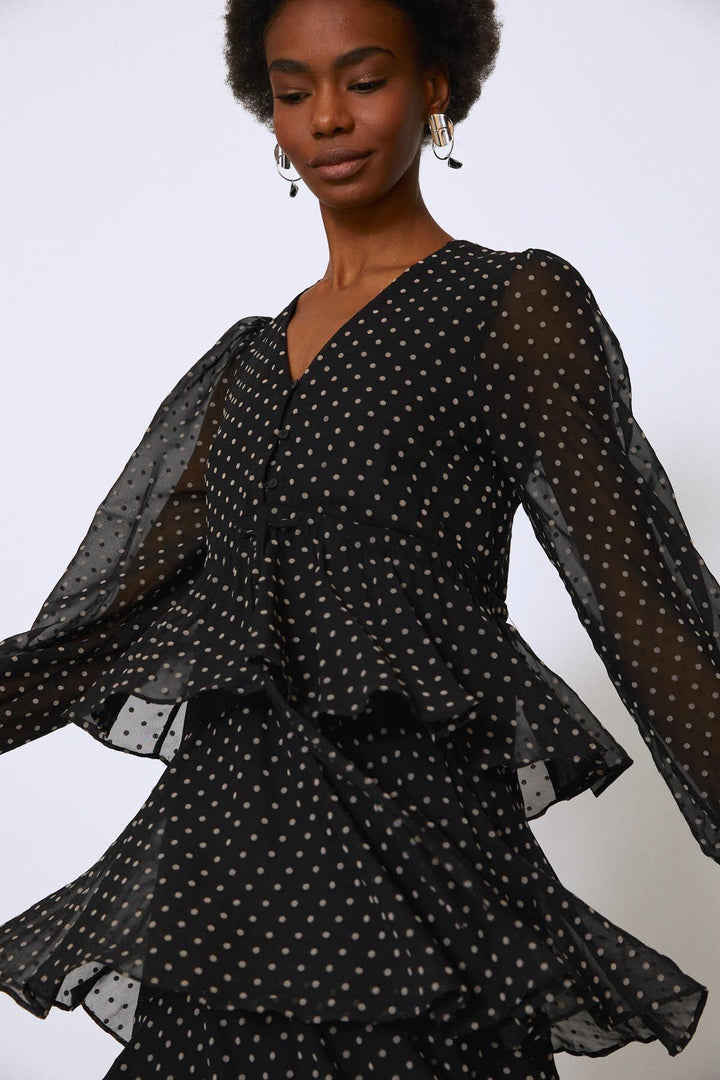 Buttoned Front V-Neck Layered Dress Black