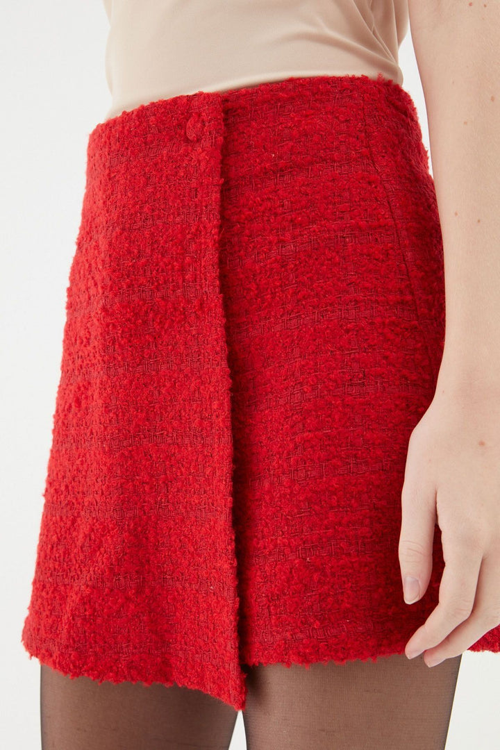 Tweed Patterned Mini Short Skirt Red