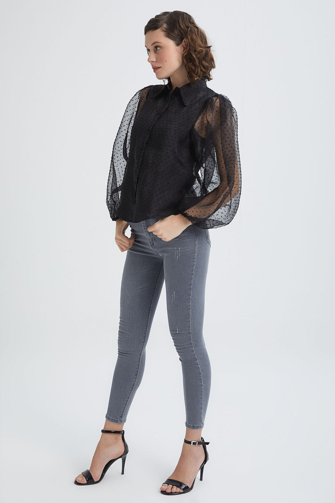 Embossed Sleeves Pleated Tulle Shirt Black