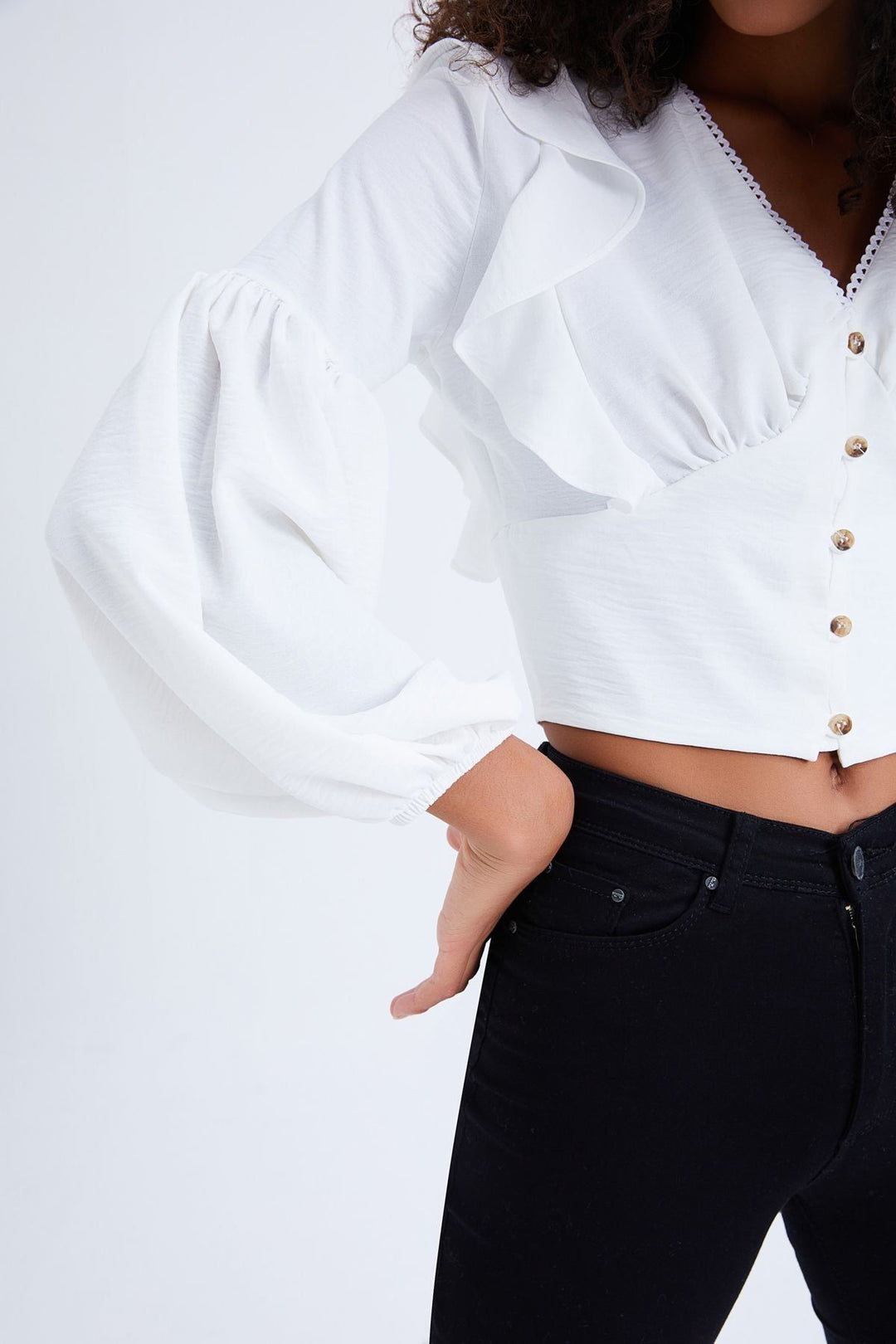 Button Front V-Neck Frilled Blouse Ecru