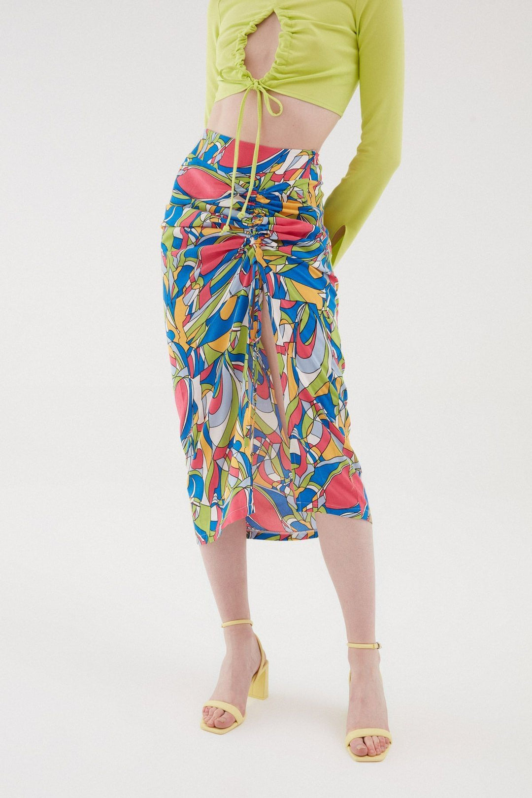 Patterned Pleated Midi Length Skirt Blue