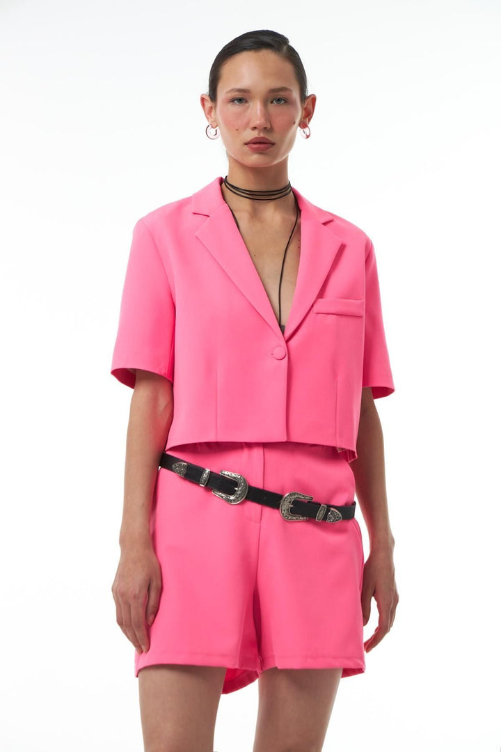 Short Sleeve Crop Blazer Jacket Neon Pink