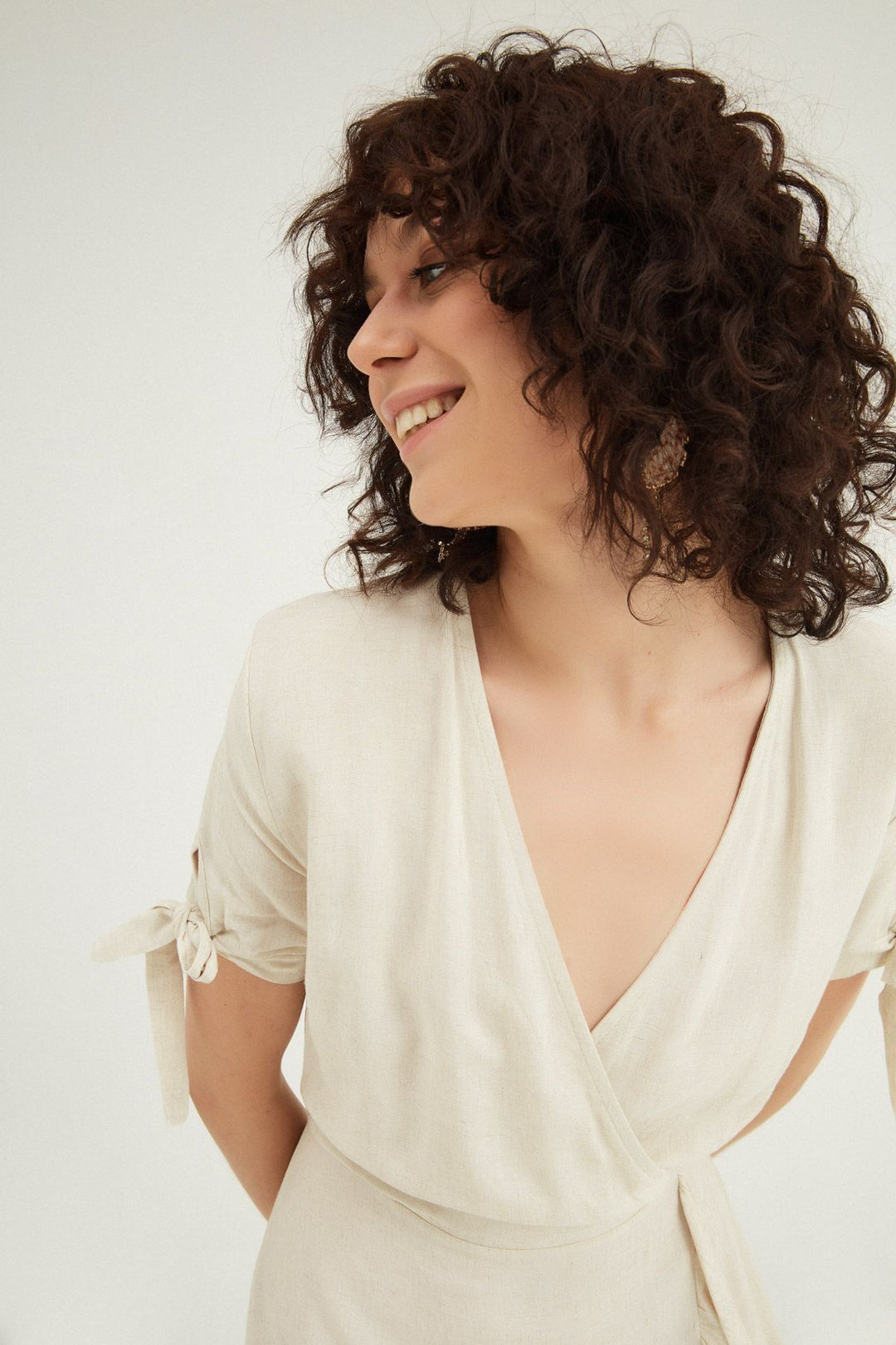 Double Breasted Frilly Linen Dress Natural