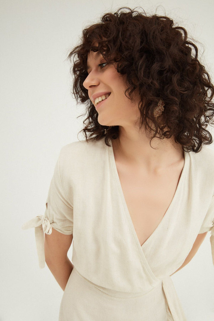 Double Breasted Frilly Linen Dress Natural