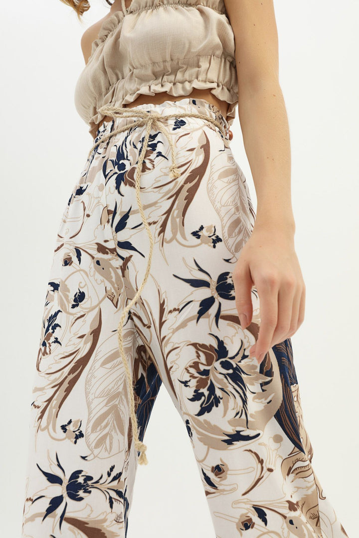 Patterned Straw Rope Belt Trousers Brown