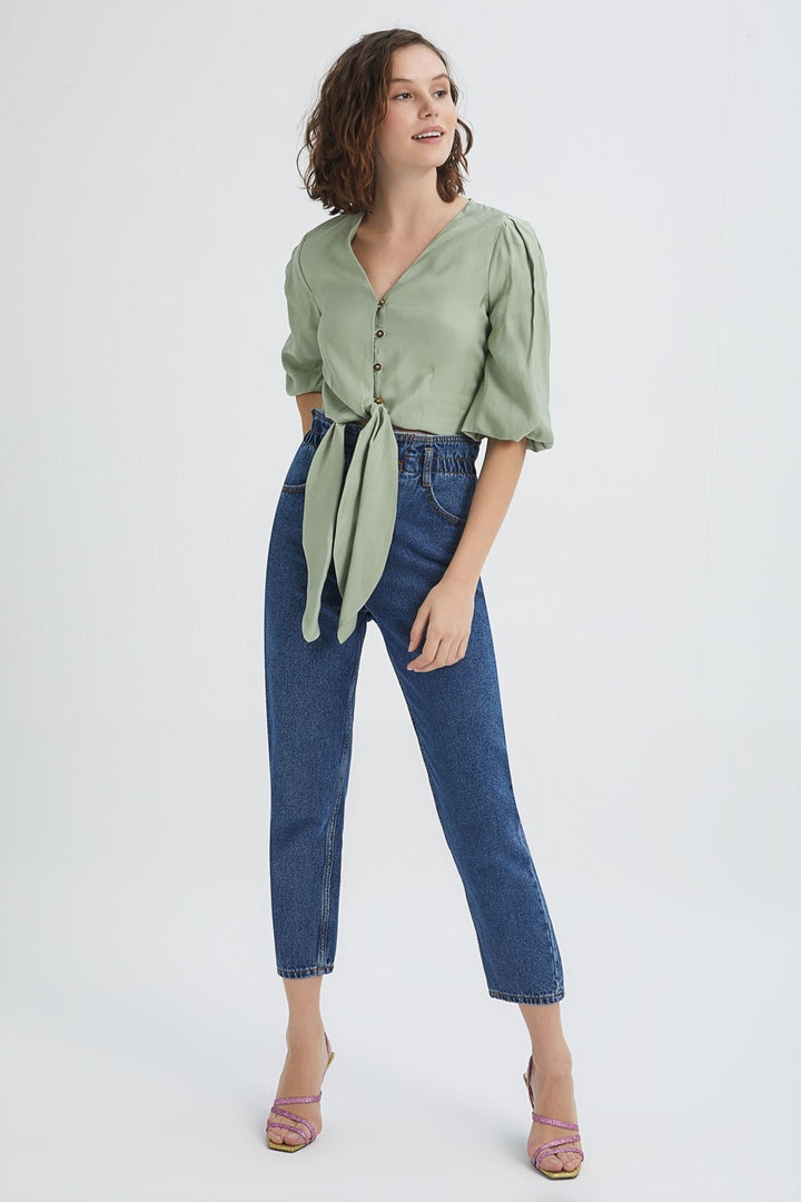Balloon Sleeve Front Tie Crop Blouse Mint