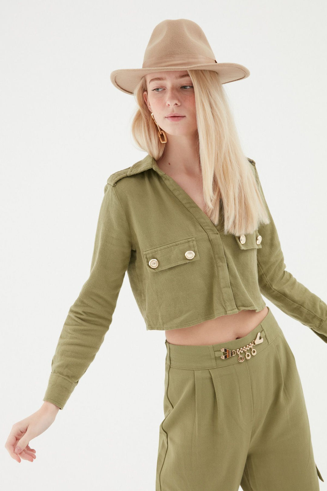 Button Detailed Crop Shirt Khaki