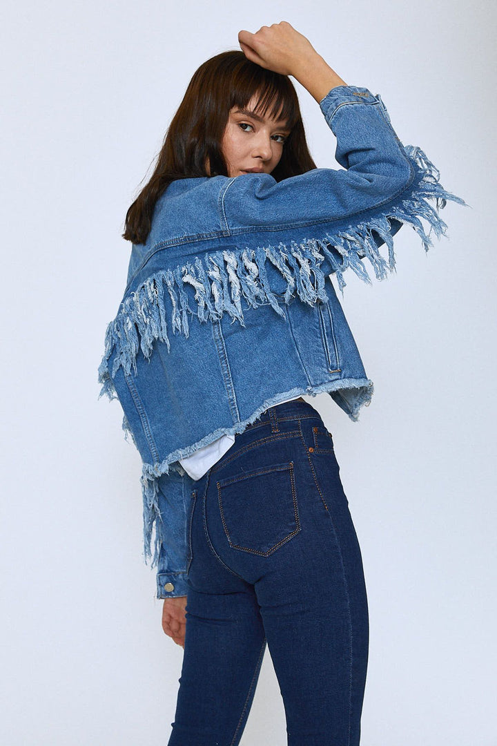 Tassel Detailed Denim Jacket on Sleeves Light Blue