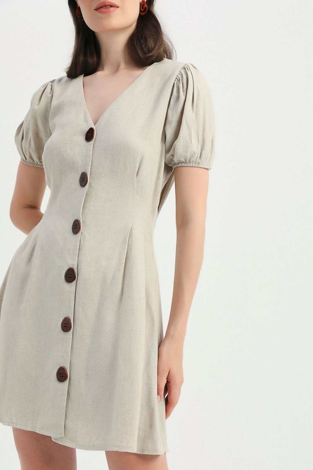 V Neck Balloon Sleeve Linen Dress Natural